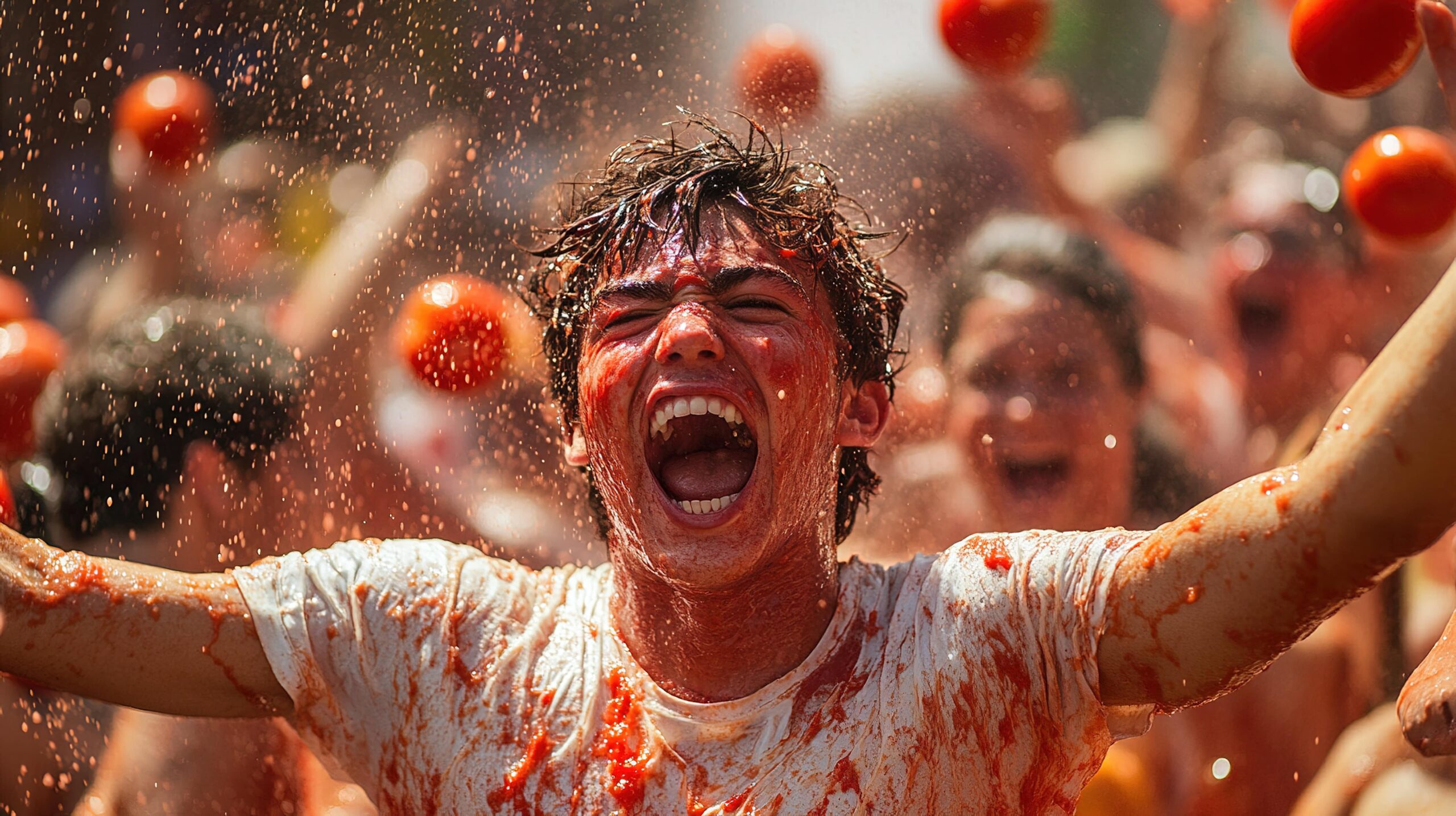 Chaotische en levendige scène van La Tomatina festival in Buñol, Spanje, waar mensen elkaar bekogelen met tomaten in een smalle straat, omgeven door rode tomatenspetters en lachende deelnemers.